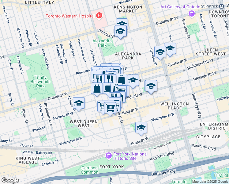 map of restaurants, bars, coffee shops, grocery stores, and more near 149 Bathurst Street in Toronto