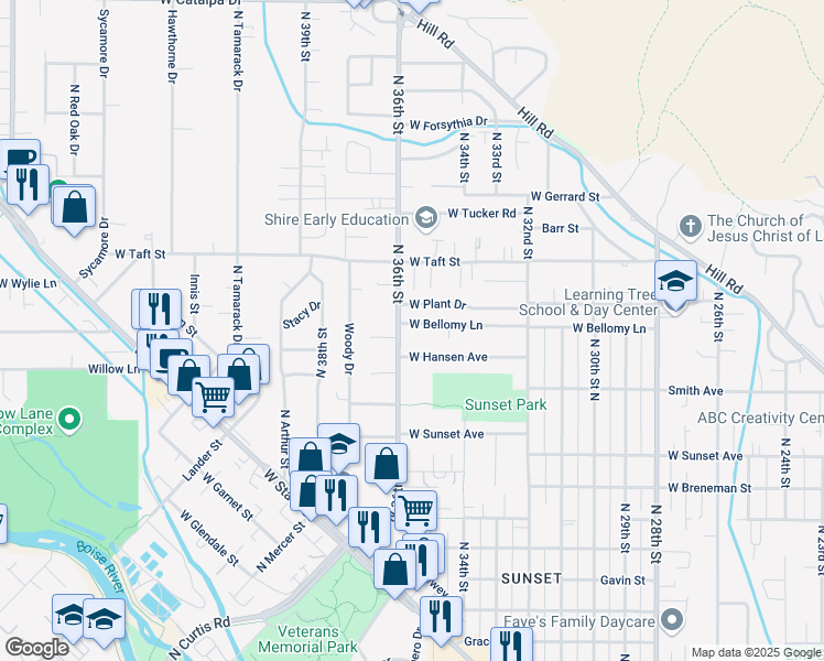 map of restaurants, bars, coffee shops, grocery stores, and more near 2725 36th Street in Boise