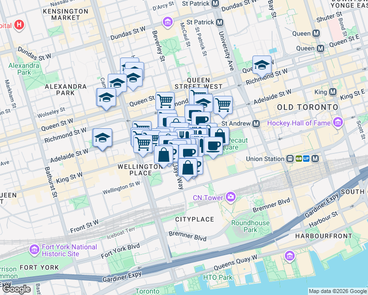 map of restaurants, bars, coffee shops, grocery stores, and more near 327 King Street West in Toronto