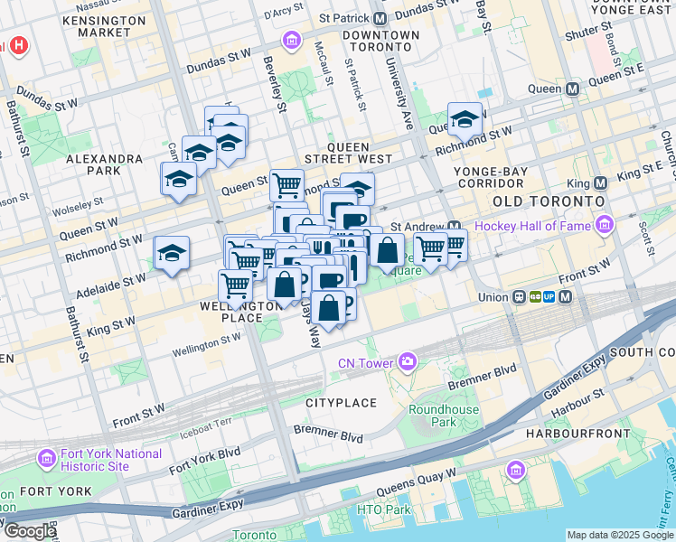map of restaurants, bars, coffee shops, grocery stores, and more near 305 King Street West in Toronto