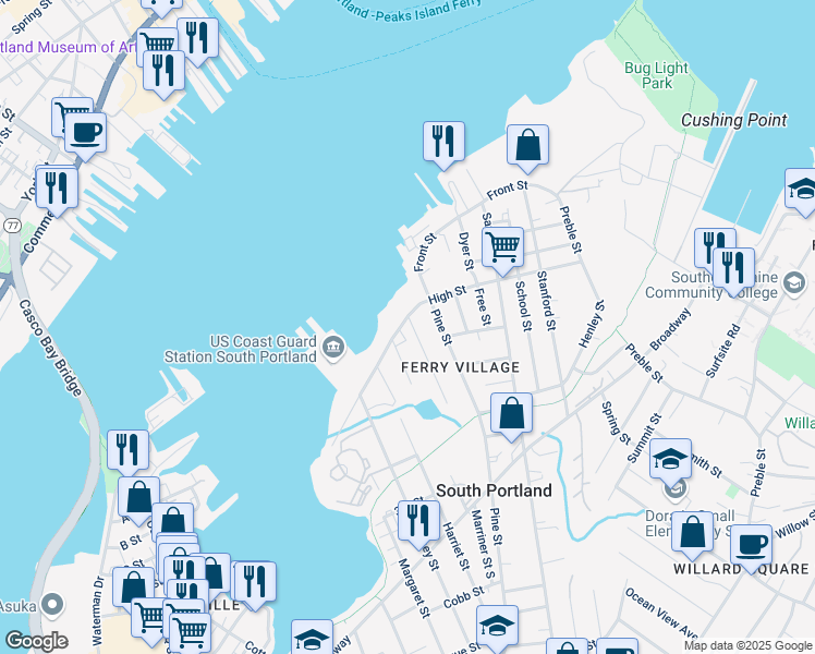 map of restaurants, bars, coffee shops, grocery stores, and more near 204 High Street in South Portland