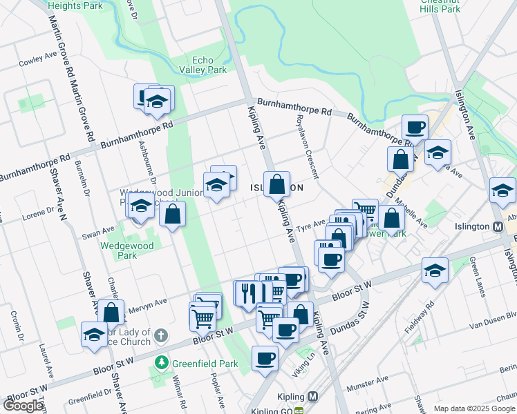map of restaurants, bars, coffee shops, grocery stores, and more near Prennan Avenue in Toronto
