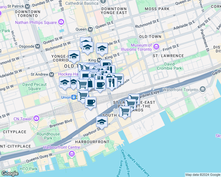 map of restaurants, bars, coffee shops, grocery stores, and more near in Toronto