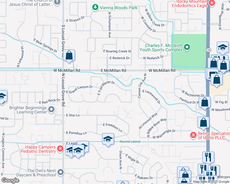 map of restaurants, bars, coffee shops, grocery stores, and more near 2237 East Sidewinder Drive in Meridian