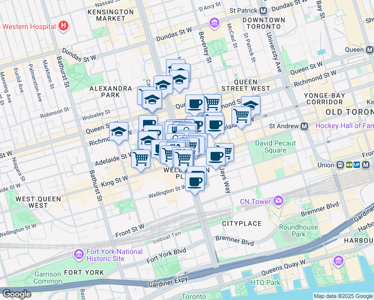 map of restaurants, bars, coffee shops, grocery stores, and more near 99 Spadina Avenue in Toronto