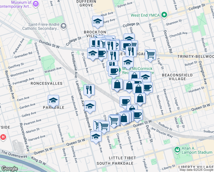 map of restaurants, bars, coffee shops, grocery stores, and more near in Toronto
