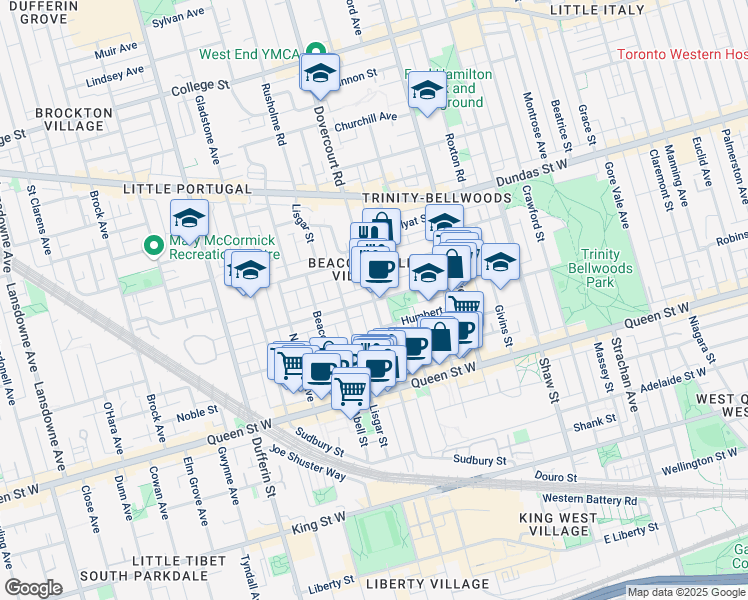 map of restaurants, bars, coffee shops, grocery stores, and more near Dovercourt Rd & Argyle St in Toronto