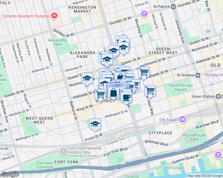 map of restaurants, bars, coffee shops, grocery stores, and more near 399 Adelaide Street West in Toronto
