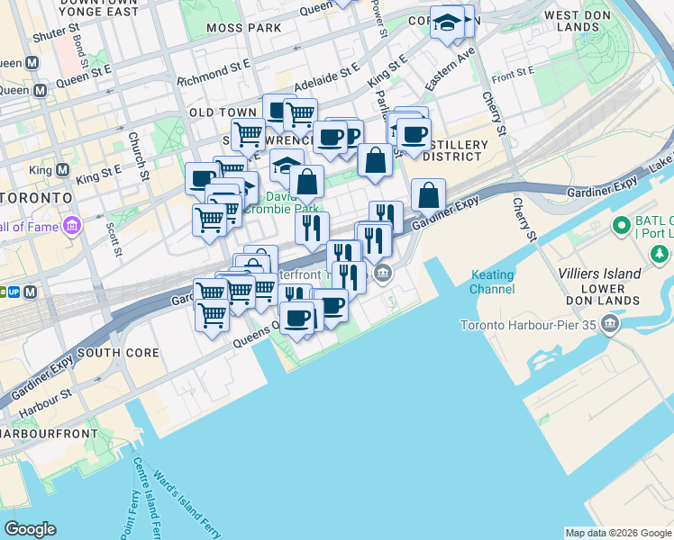 map of restaurants, bars, coffee shops, grocery stores, and more near 16 Bonnycastle Street in Toronto
