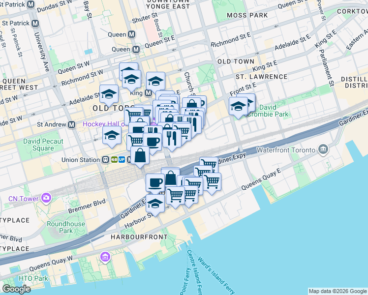 map of restaurants, bars, coffee shops, grocery stores, and more near 35 The Esplanade in Toronto