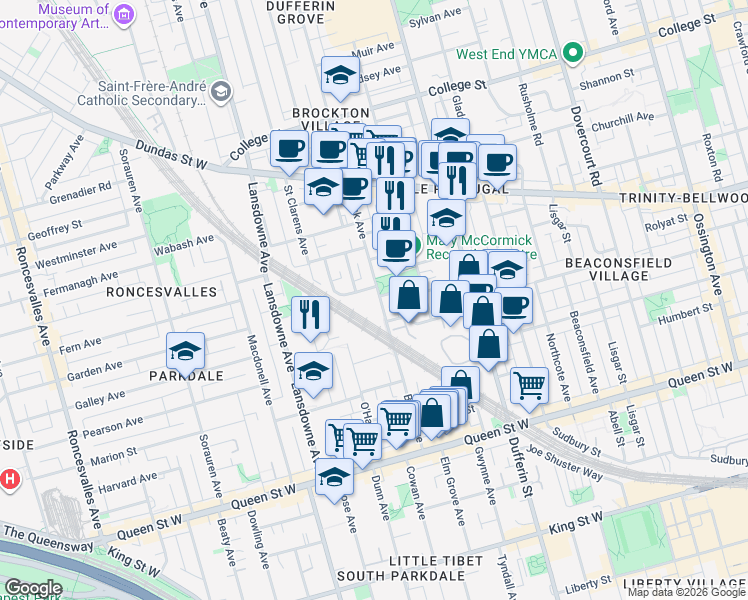 map of restaurants, bars, coffee shops, grocery stores, and more near 146 Brock Avenue in Toronto