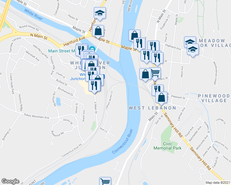 map of restaurants, bars, coffee shops, grocery stores, and more near 239 Latham Works Lane in Hartford