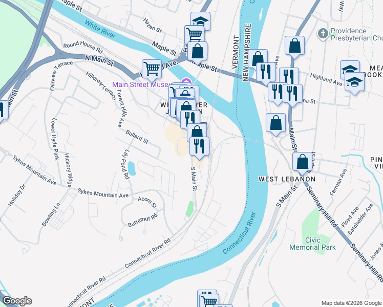 map of restaurants, bars, coffee shops, grocery stores, and more near 230 South Main Street in Hartford
