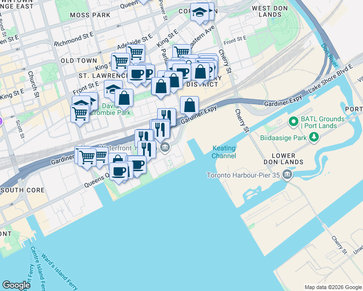 map of restaurants, bars, coffee shops, grocery stores, and more near in Toronto