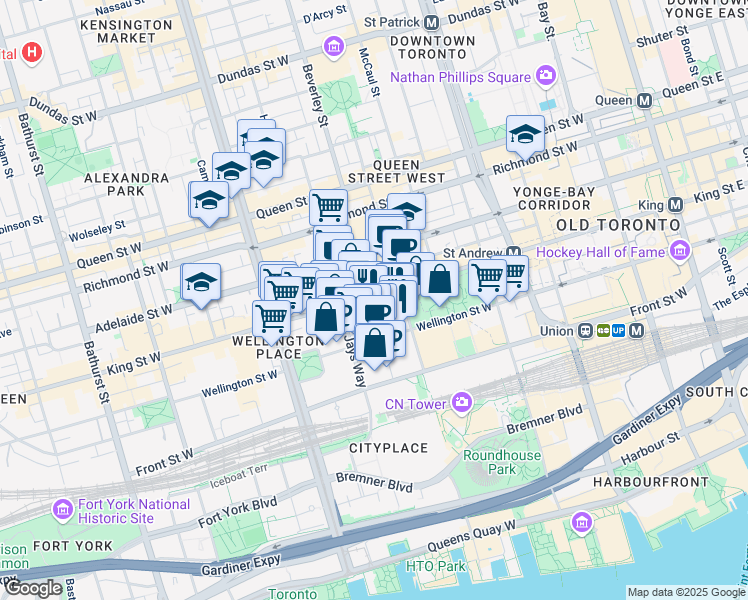 map of restaurants, bars, coffee shops, grocery stores, and more near 22 Mercer Street in Toronto