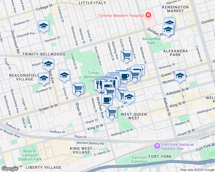 map of restaurants, bars, coffee shops, grocery stores, and more near in Toronto