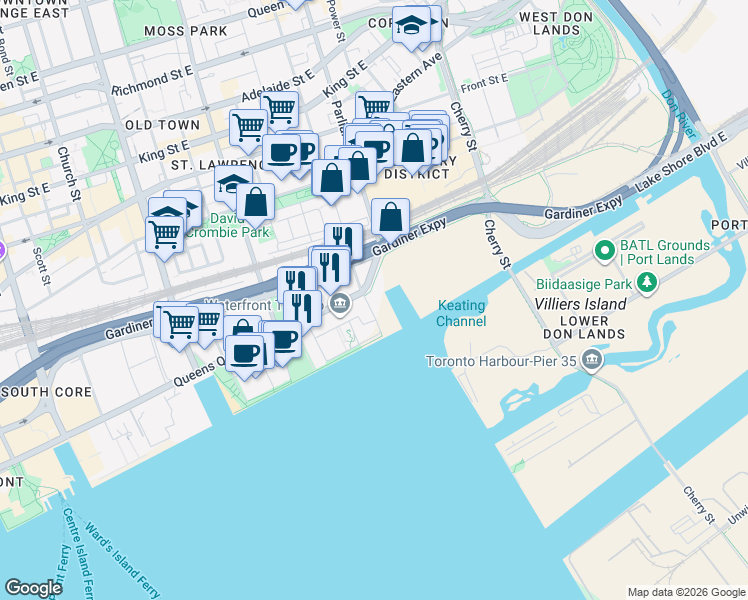 map of restaurants, bars, coffee shops, grocery stores, and more near 155 Merchants' Wharf in Toronto