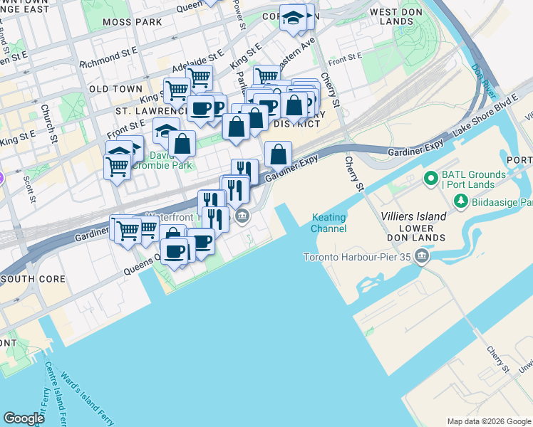 map of restaurants, bars, coffee shops, grocery stores, and more near 183 Merchants' Wharf in Toronto