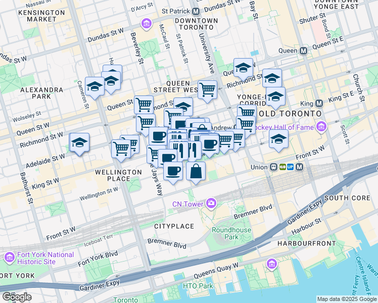 map of restaurants, bars, coffee shops, grocery stores, and more near 55 John Street in Toronto