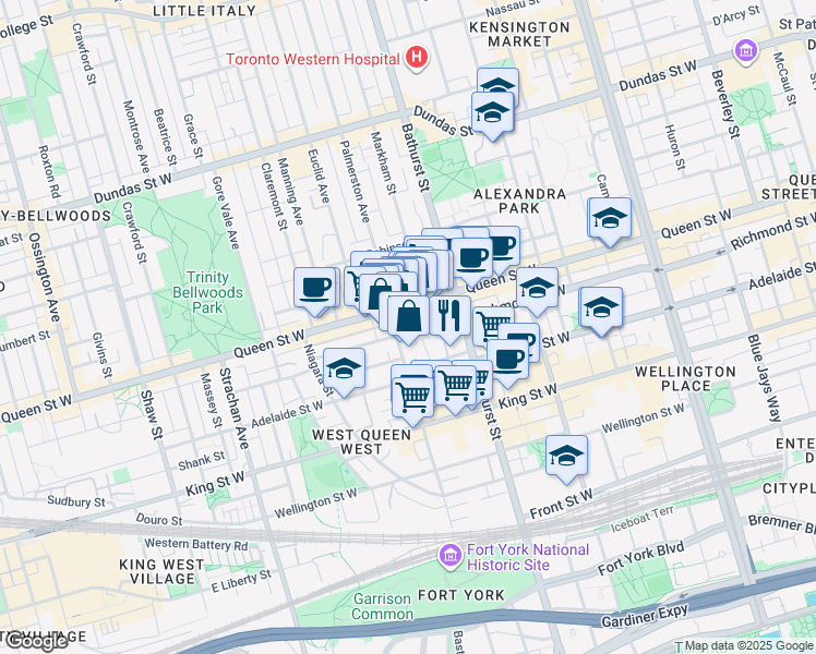 map of restaurants, bars, coffee shops, grocery stores, and more near 676 Richmond Street West in Toronto