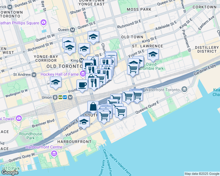map of restaurants, bars, coffee shops, grocery stores, and more near 2A Church Street in Toronto