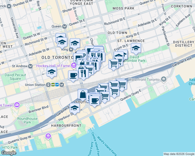 map of restaurants, bars, coffee shops, grocery stores, and more near 2A Church Street in Toronto