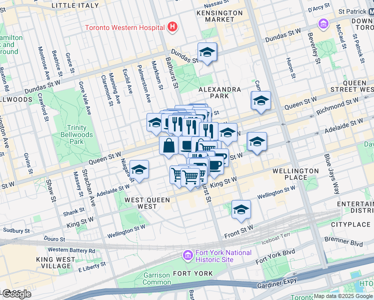 map of restaurants, bars, coffee shops, grocery stores, and more near 625 Richmond Street West in Toronto