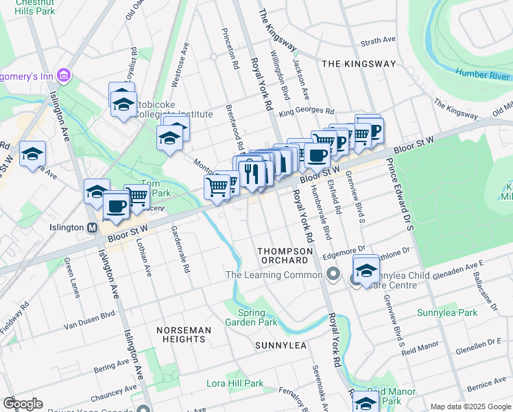 map of restaurants, bars, coffee shops, grocery stores, and more near 12 Brentwood Road South in Toronto