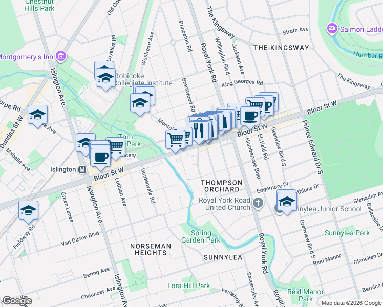 map of restaurants, bars, coffee shops, grocery stores, and more near 3085 Bloor Street West in Toronto
