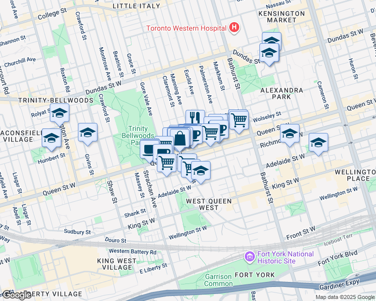 map of restaurants, bars, coffee shops, grocery stores, and more near 730 Queen Street West in Toronto