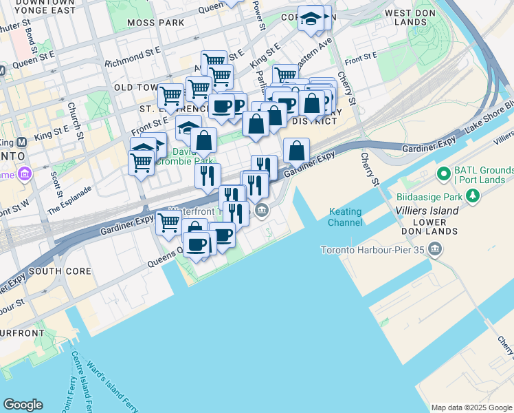 map of restaurants, bars, coffee shops, grocery stores, and more near 200 Queens Quay East in Toronto
