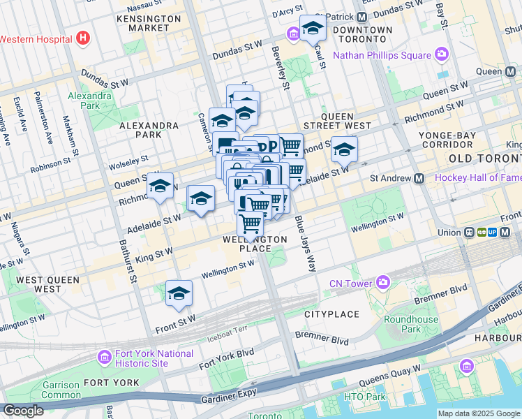 map of restaurants, bars, coffee shops, grocery stores, and more near in Toronto