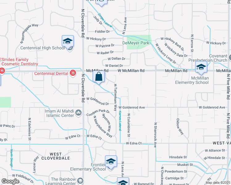 map of restaurants, bars, coffee shops, grocery stores, and more near 9380 West Albany Drive in Boise