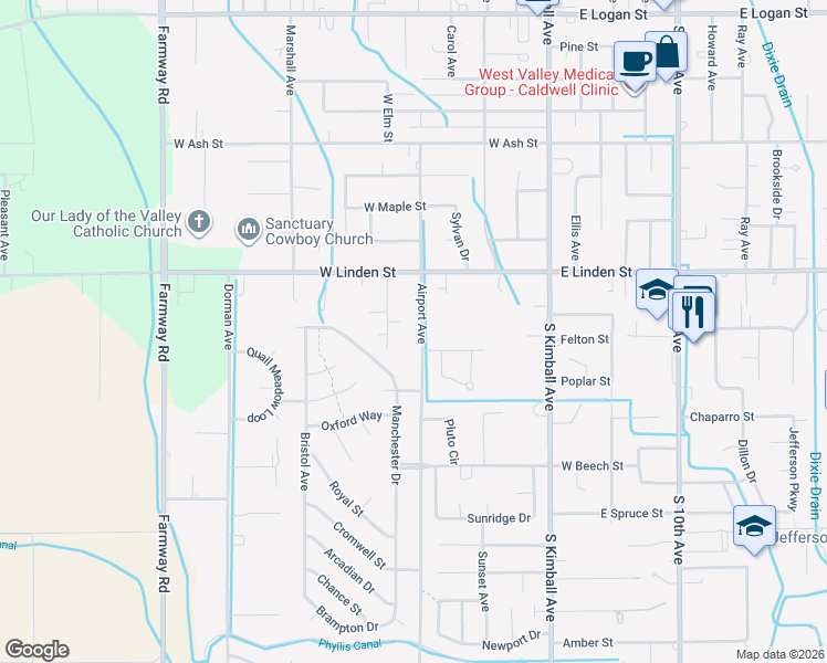map of restaurants, bars, coffee shops, grocery stores, and more near 2517 Airport Avenue in Caldwell