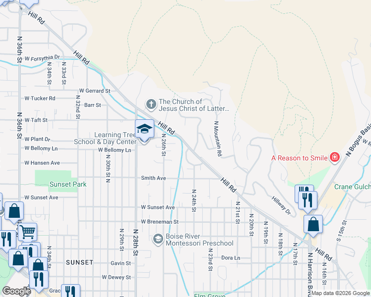 map of restaurants, bars, coffee shops, grocery stores, and more near 3001 North 24th Street in Boise