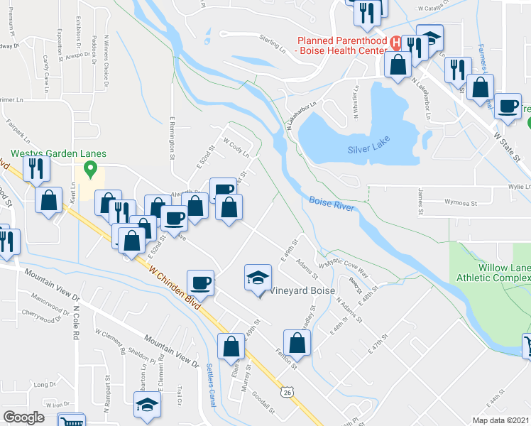 map of restaurants, bars, coffee shops, grocery stores, and more near 506 East 50th Street in Boise