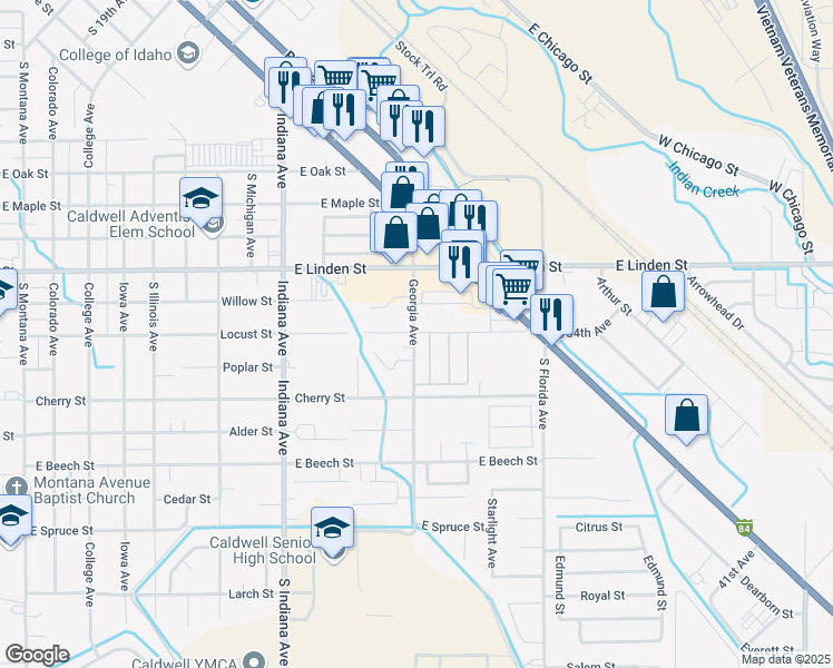 map of restaurants, bars, coffee shops, grocery stores, and more near 2602 South Georgia Avenue in Caldwell