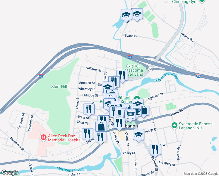 map of restaurants, bars, coffee shops, grocery stores, and more near 17 Summer Street in Lebanon