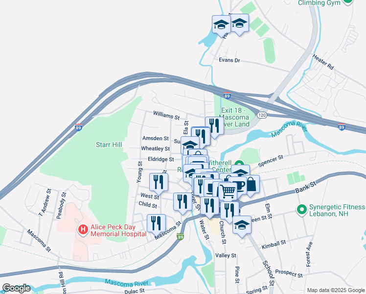map of restaurants, bars, coffee shops, grocery stores, and more near 17 Summer Street in Lebanon