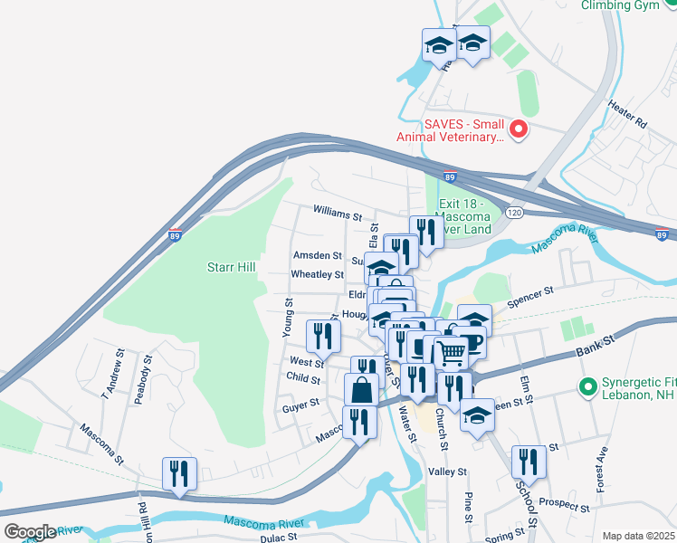 map of restaurants, bars, coffee shops, grocery stores, and more near 18 Colburn Street in Lebanon
