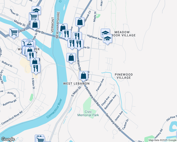 map of restaurants, bars, coffee shops, grocery stores, and more near 52 Main Street in Lebanon