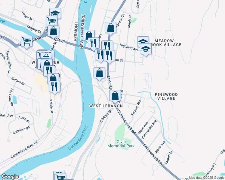 map of restaurants, bars, coffee shops, grocery stores, and more near 52 Main Street in Lebanon