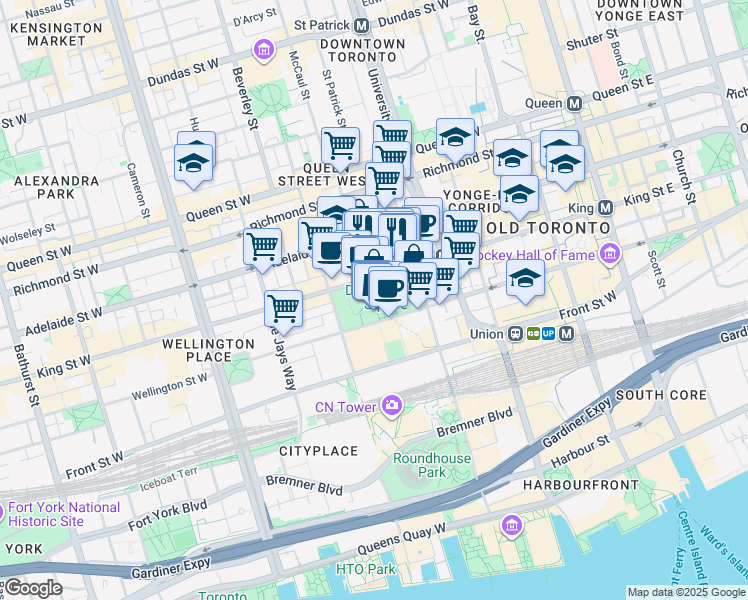 map of restaurants, bars, coffee shops, grocery stores, and more near 200 Wellington Street West in Toronto