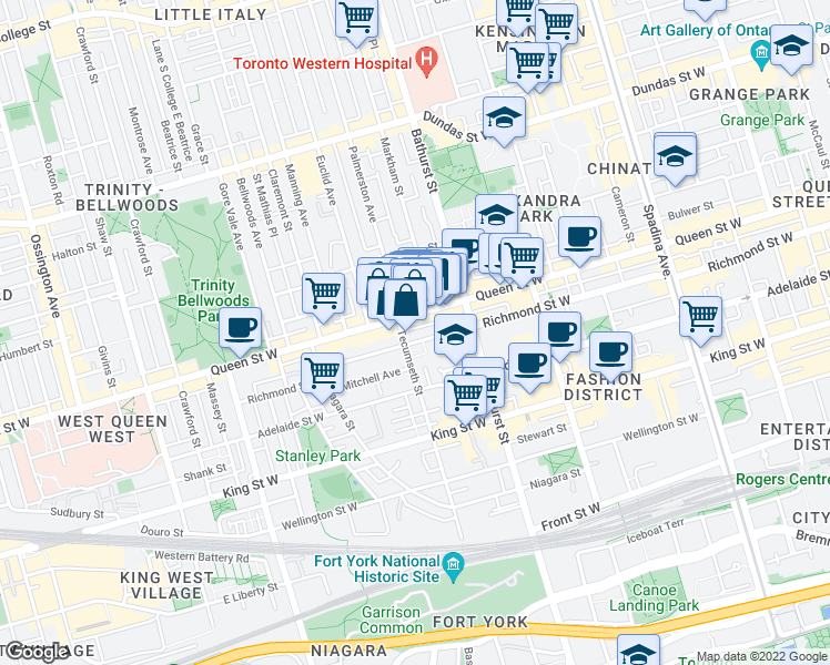 map of restaurants, bars, coffee shops, grocery stores, and more near 6 Markham Street in Toronto