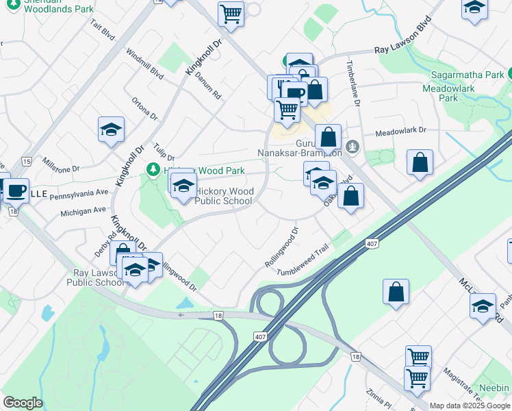 map of restaurants, bars, coffee shops, grocery stores, and more near 560 Ray Lawson Boulevard in Brampton