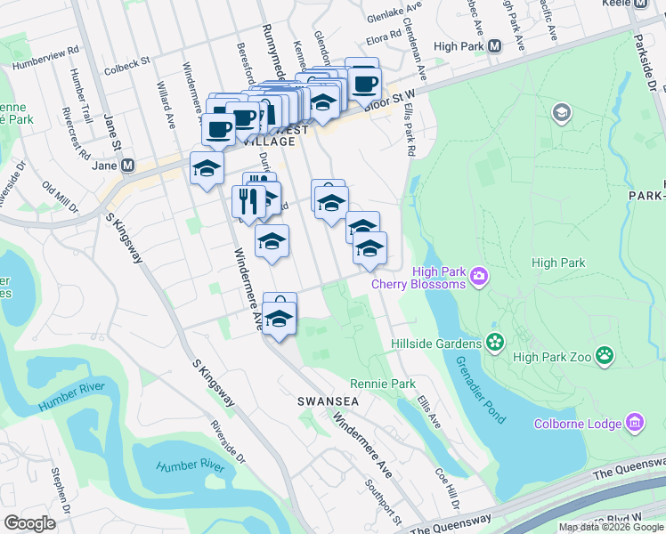 map of restaurants, bars, coffee shops, grocery stores, and more near 8 Runnymede Road in Toronto