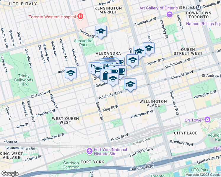 map of restaurants, bars, coffee shops, grocery stores, and more near 132 Portland Street in Toronto