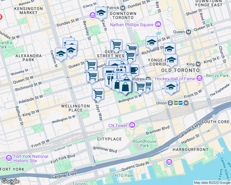 map of restaurants, bars, coffee shops, grocery stores, and more near in Toronto