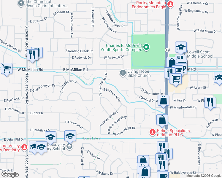 map of restaurants, bars, coffee shops, grocery stores, and more near 2551 East Whitebud Court in Meridian