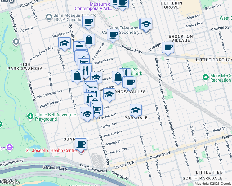 map of restaurants, bars, coffee shops, grocery stores, and more near in Toronto